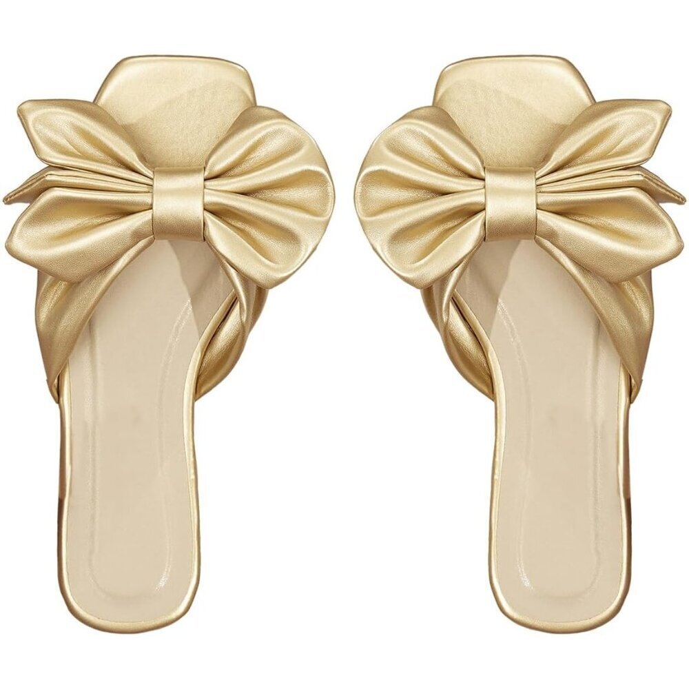 Women's Bow Gold Square Open Toe Breathable Slip On Slide Sandals Flat Shoes